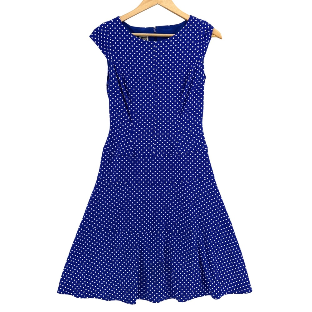 Anne Klein Blue White Polka Dot Cap Sleeve Fit and Flare Tiered Dress SZ 2 Retro